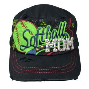 Softball Mom Slideback Cadet Army Cap Hat Black One Size Leader Studded